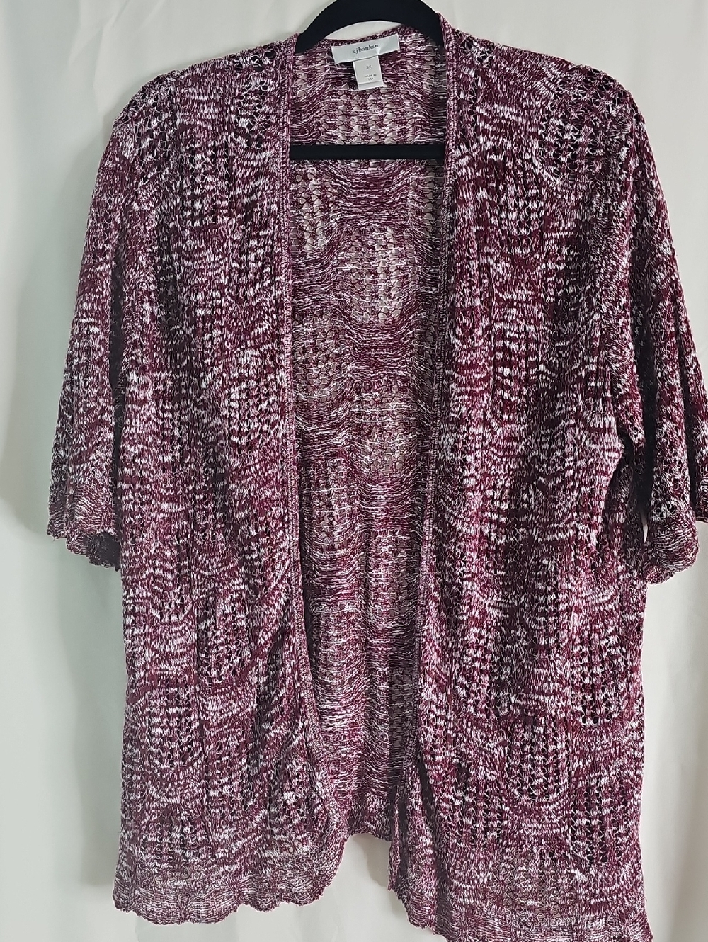 CJ Banks Maroon and White Open Weave Cardigan